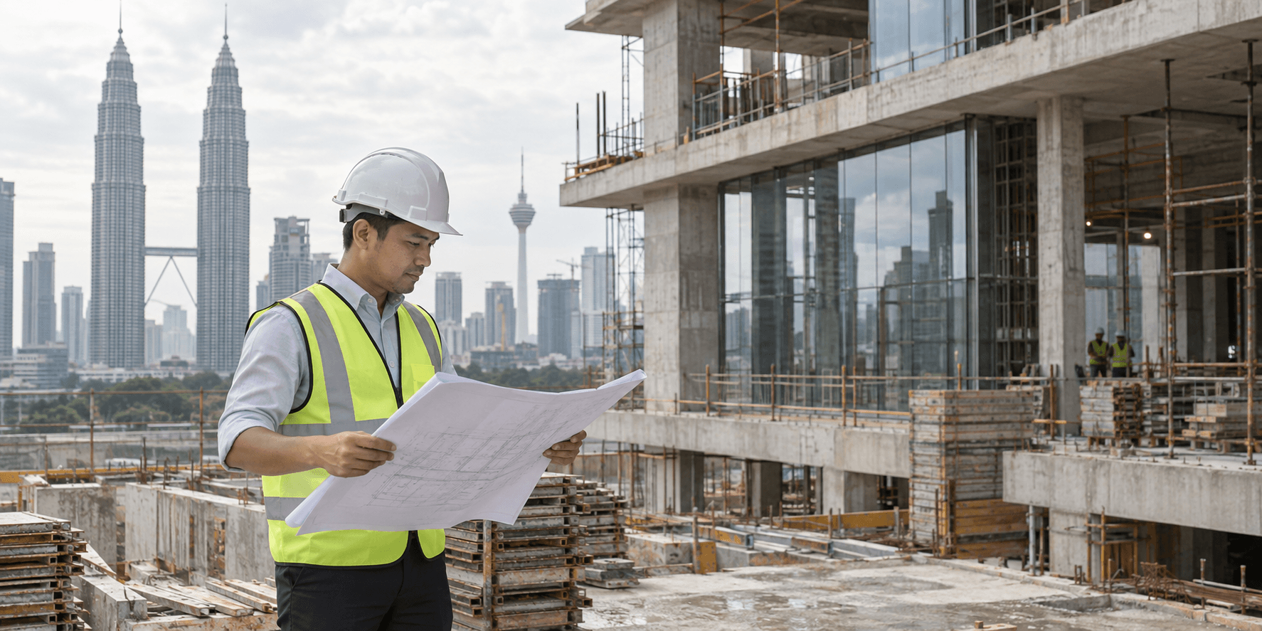 A Malaysian construction project manager reviewing site plans beside a commercial building in Kuala Lumpur