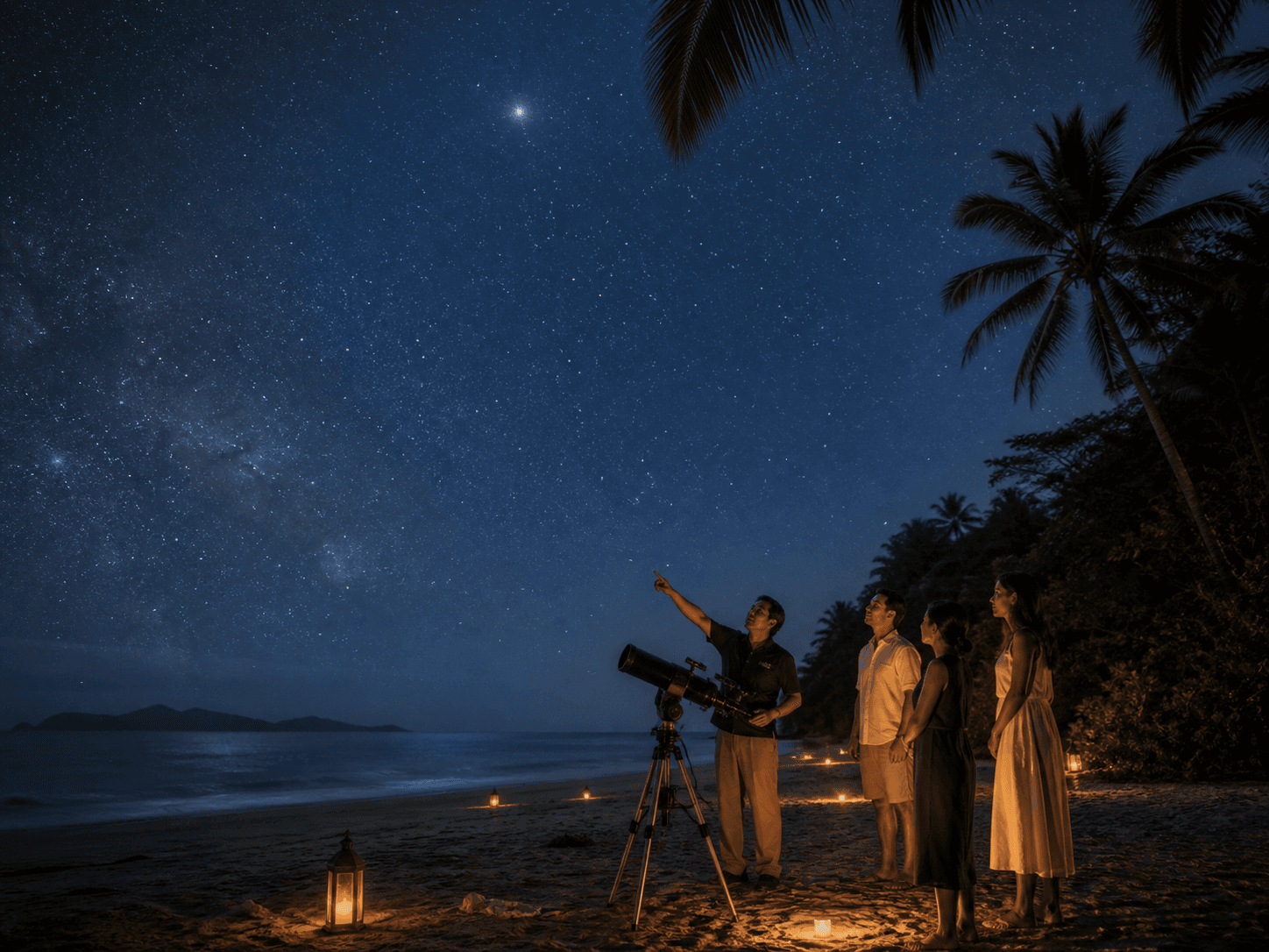 Guests joining a stargazing session on a quiet Langkawi beach