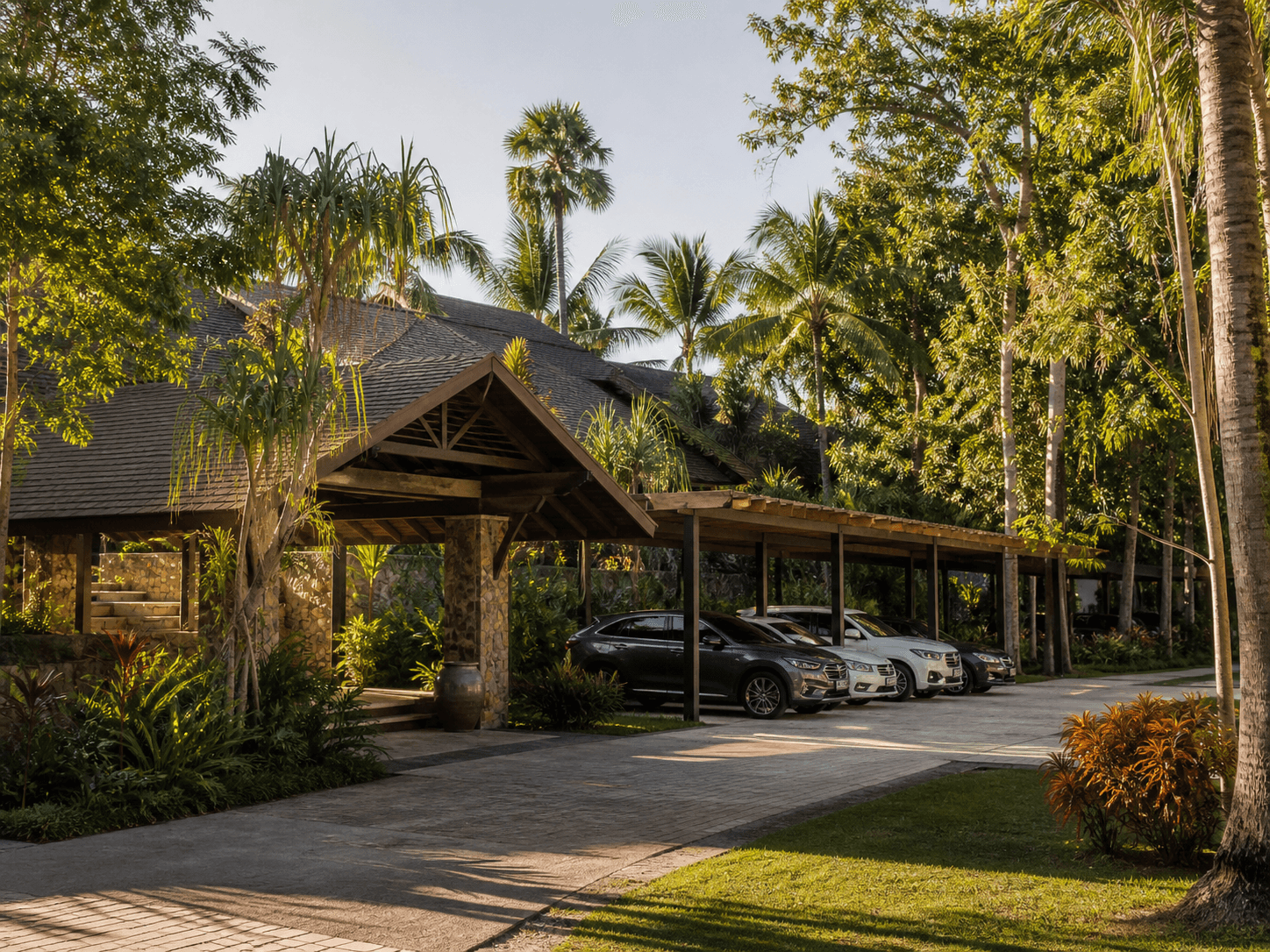 Landscaped guest parking at the resort entrance