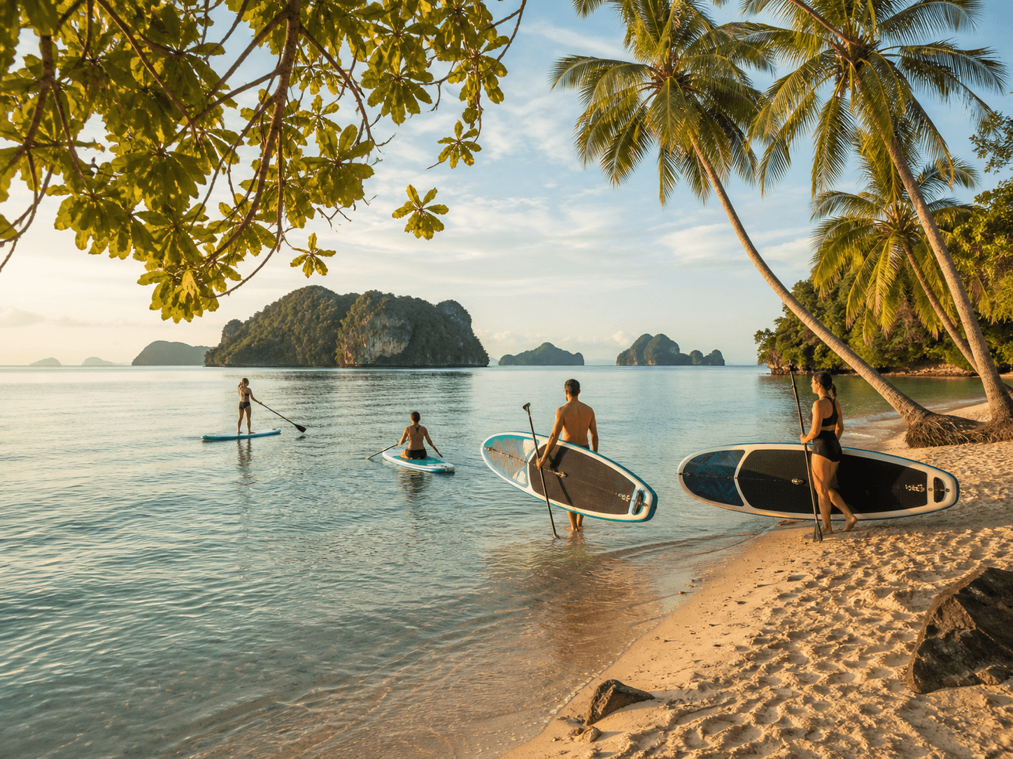 Guests paddleboarding on the calm Langkawi sea at sunset