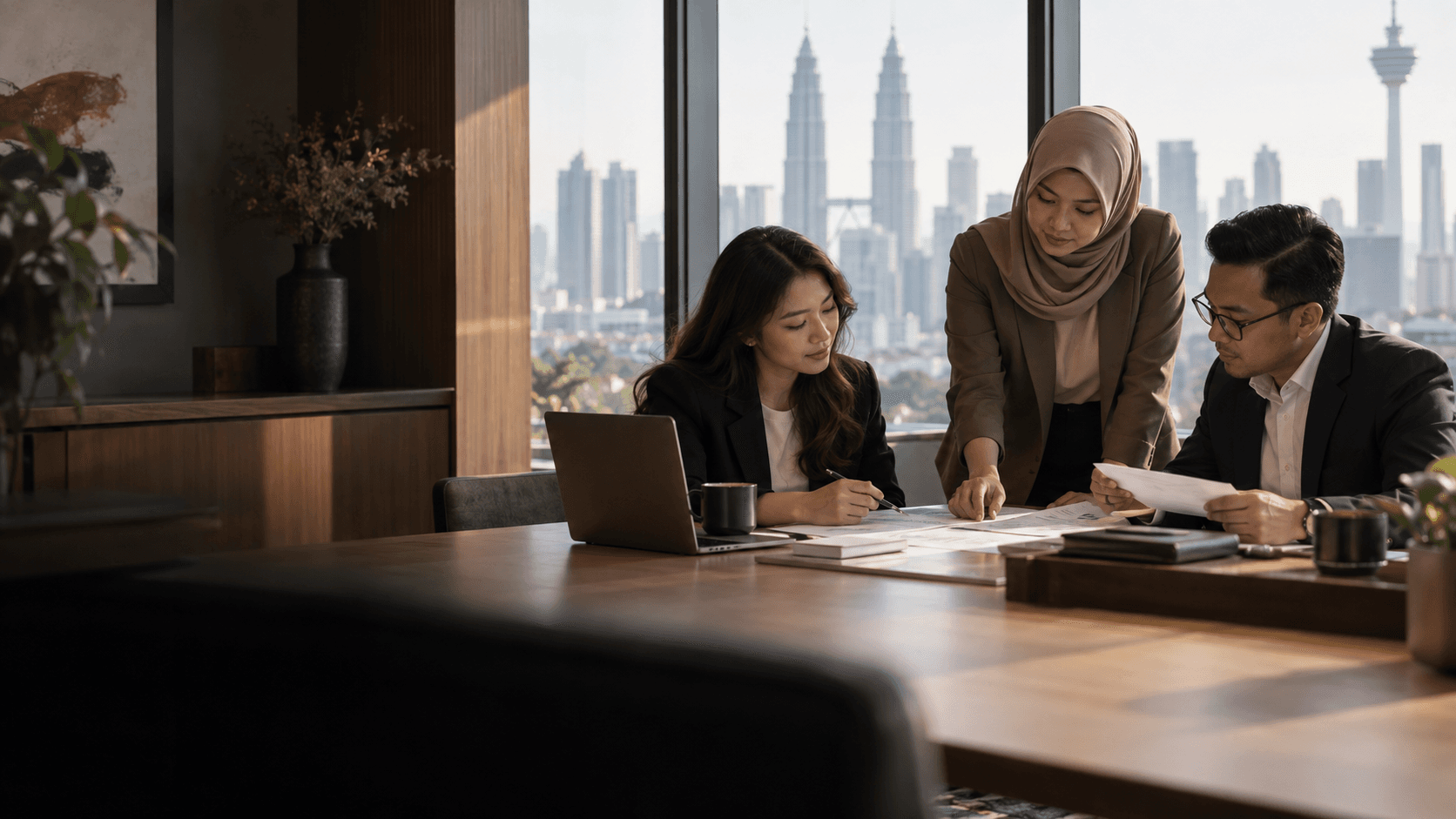 Accounting advisers reviewing reports together in a Kuala Lumpur office