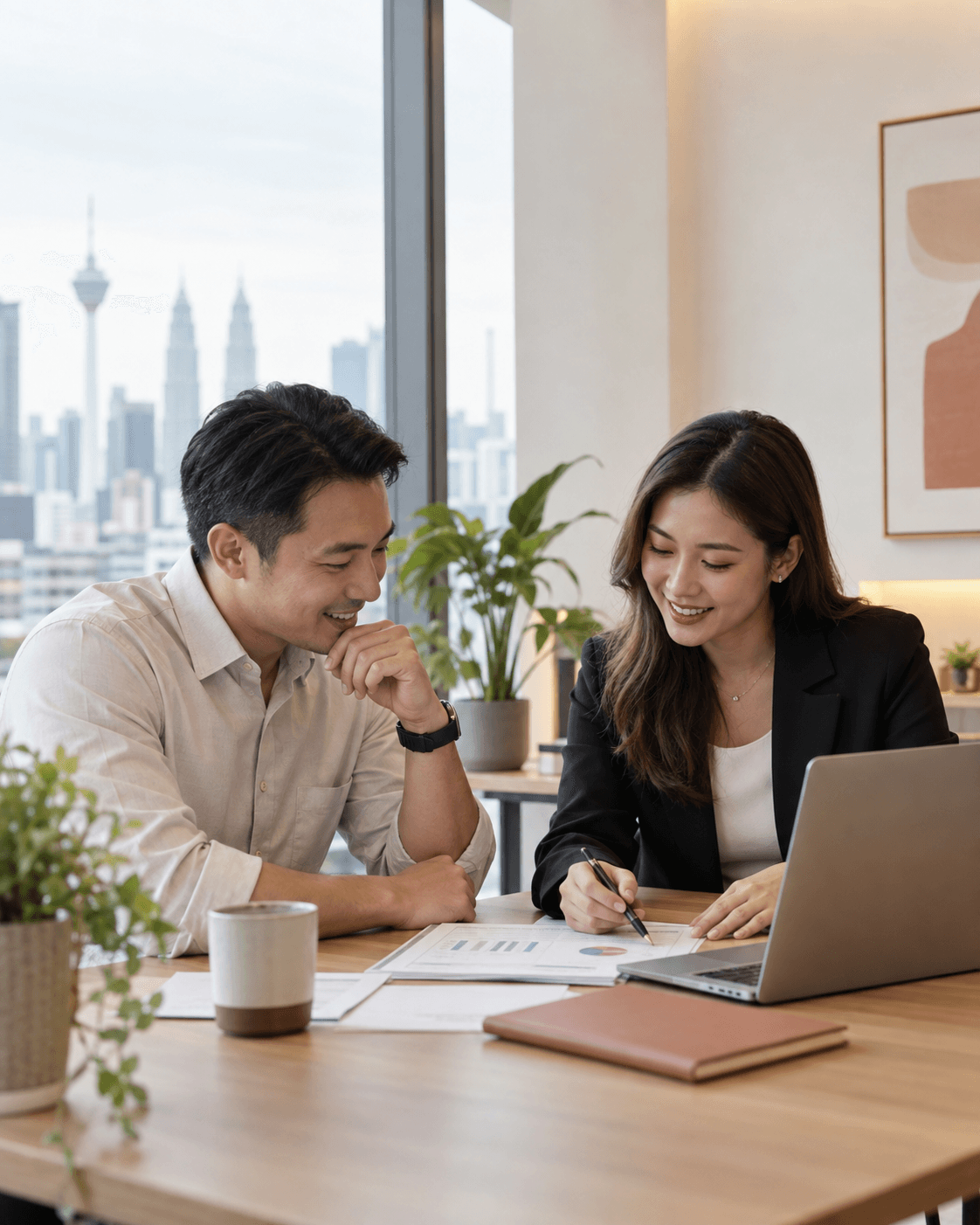 A Malaysian business owner and accountant reviewing financial documents together