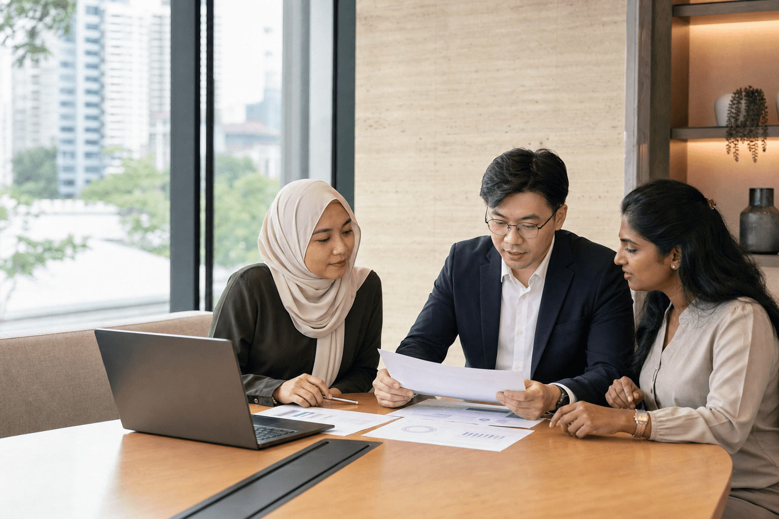 A Malaysian business owner and accounting advisers reviewing a report