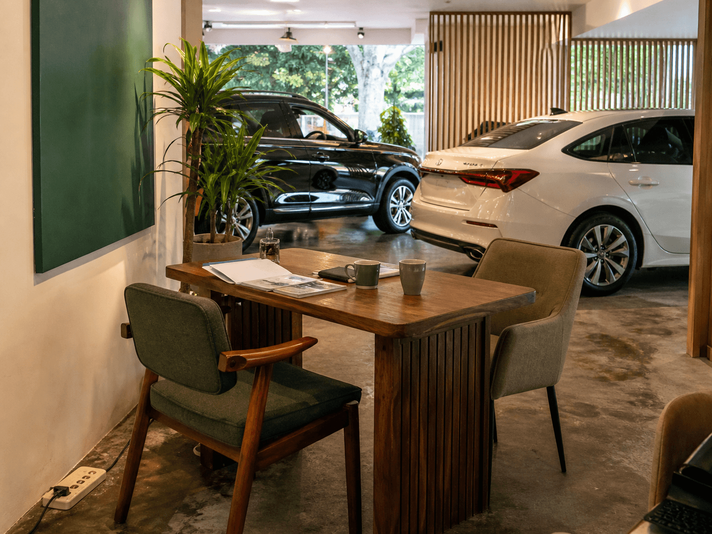 Informal consultation table inside the Atelier Motors showroom