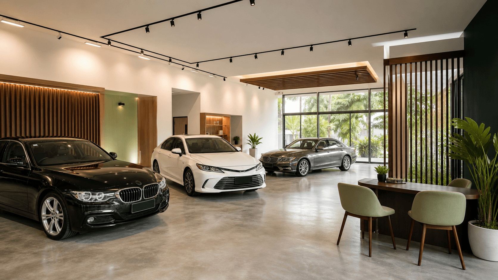 Warm, contemporary Atelier Motors showroom with three cars and a consultation area