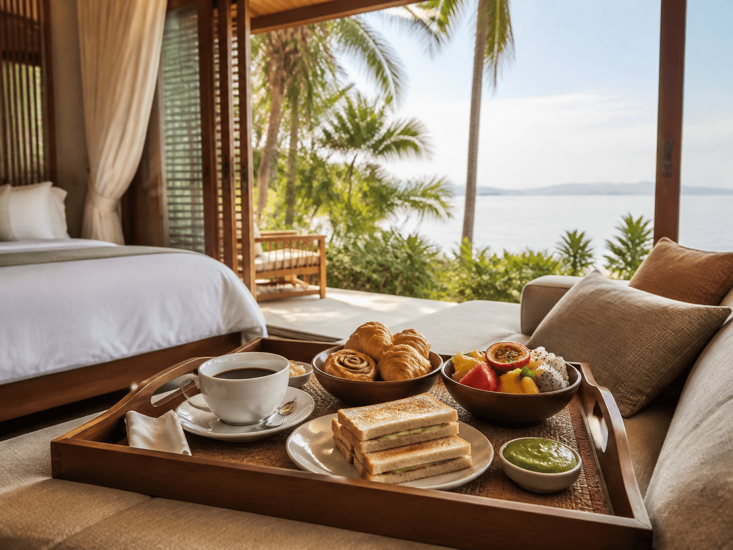Breakfast tray in a tropical villa looking toward the sea