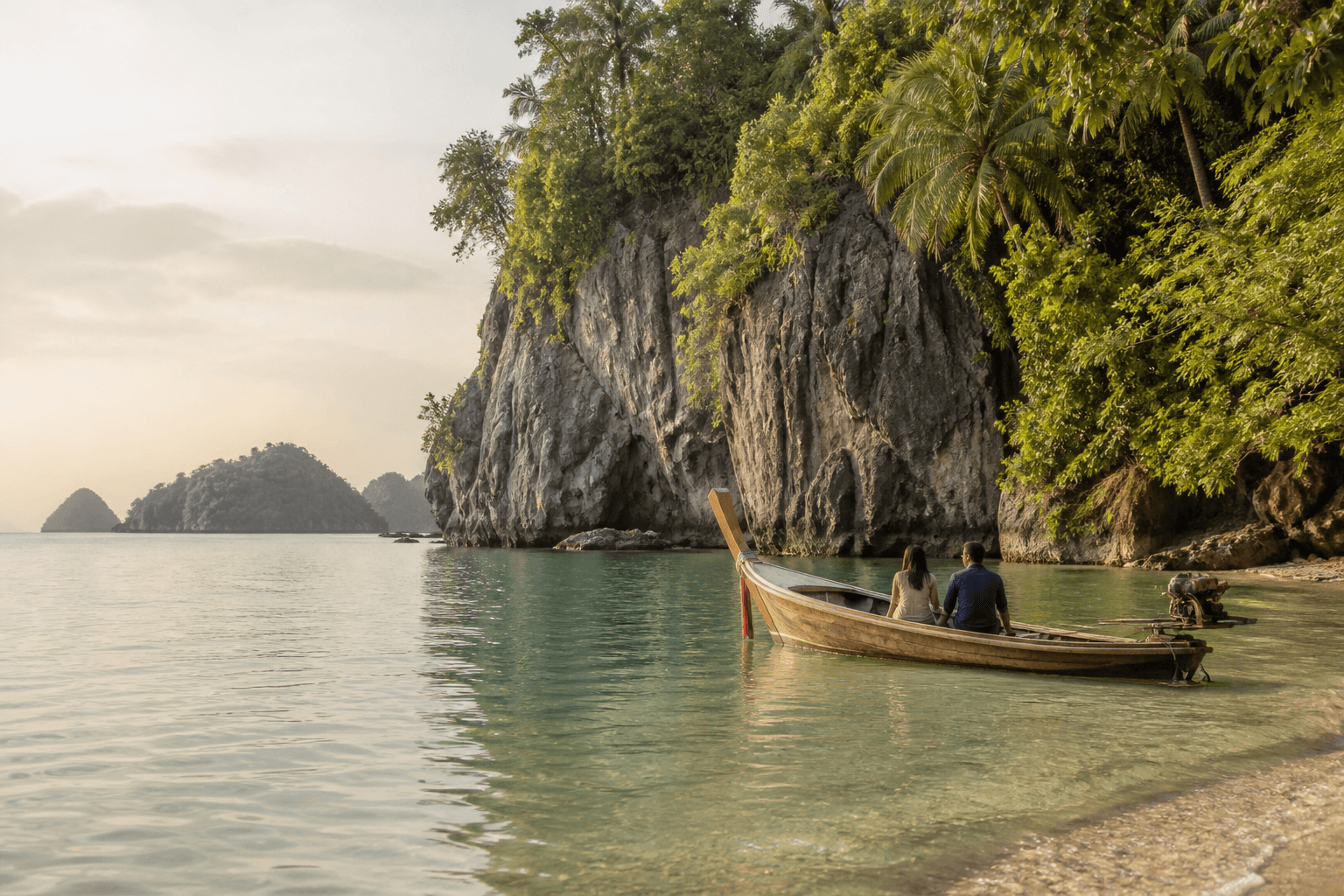 Longtail boat at a limestone island cove in Langkawi