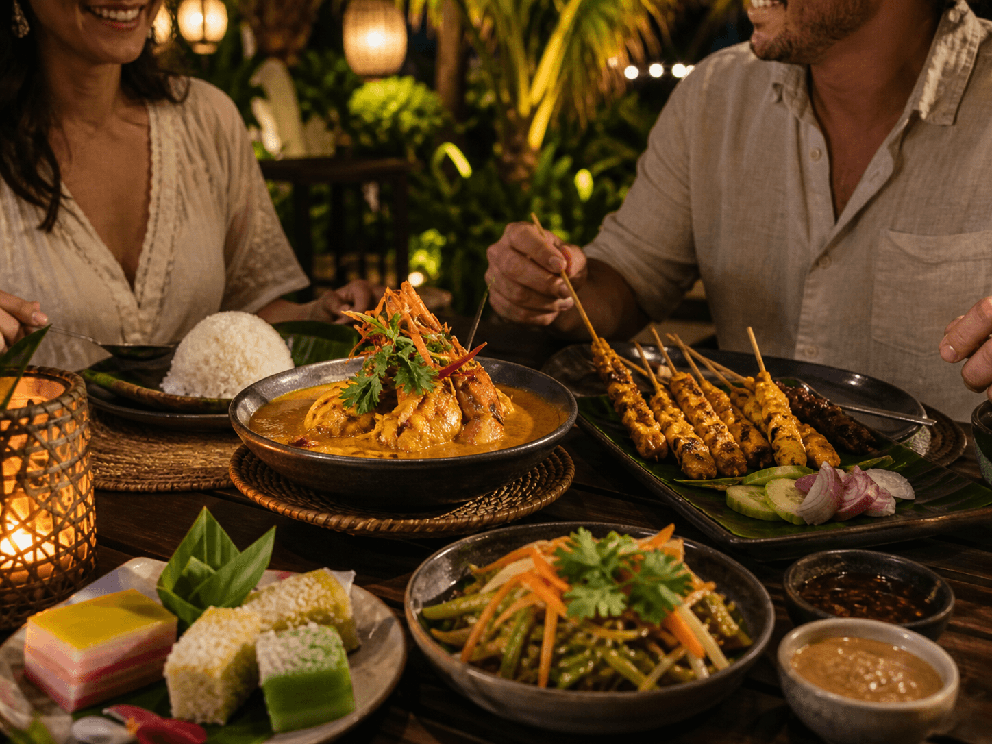 Malaysian dinner shared beneath tropical garden lanterns