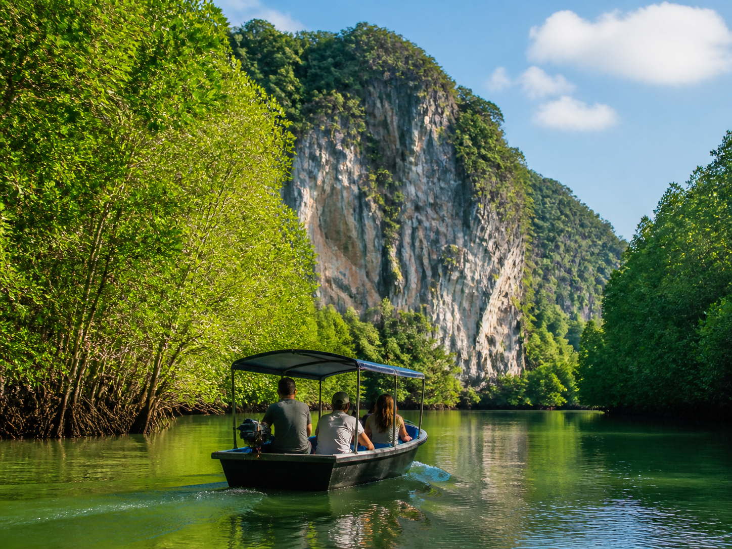 Boat touring mangroves beneath Langkawi limestone cliffs