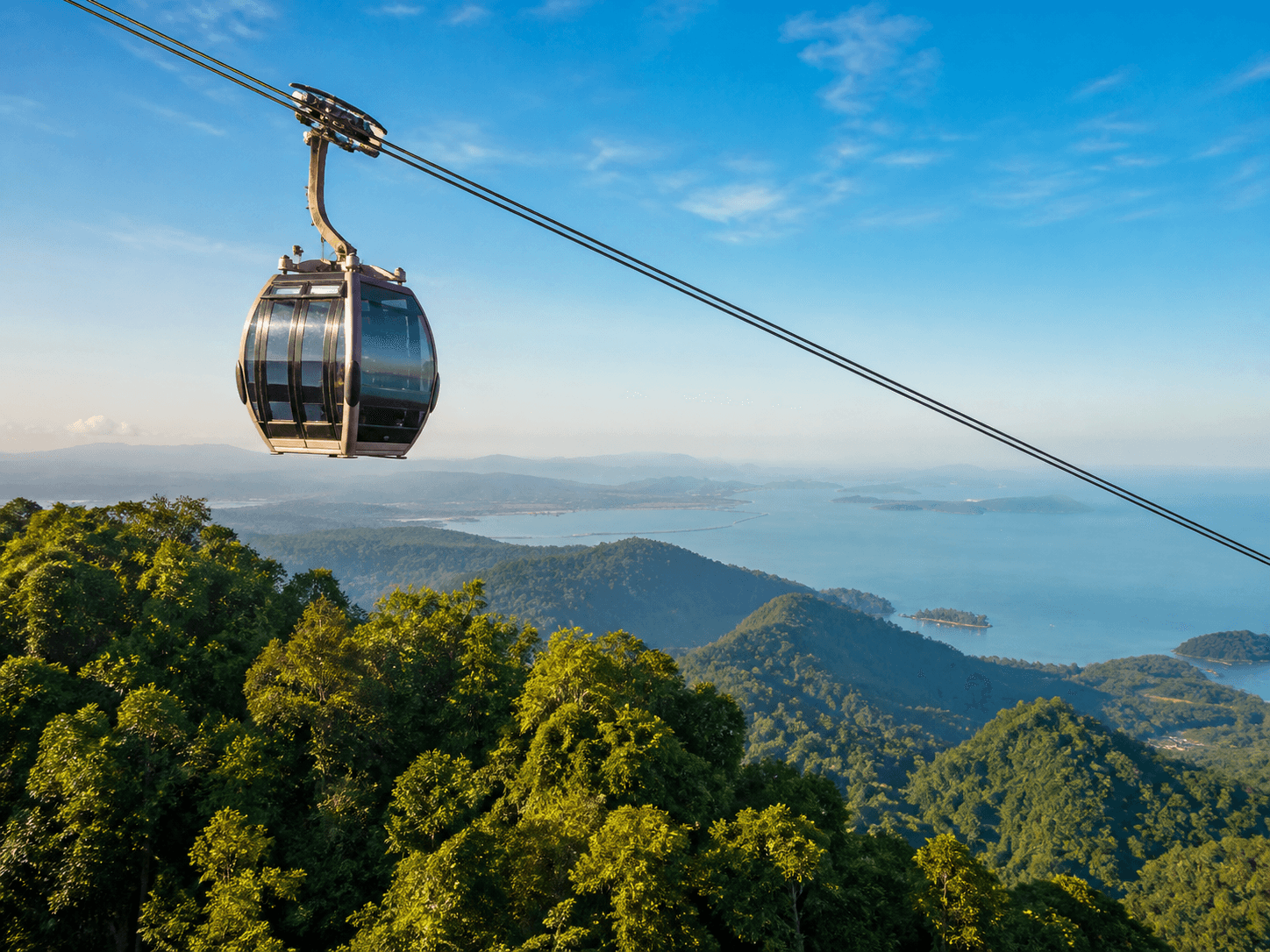 Cable car above Langkawi rainforest and islands