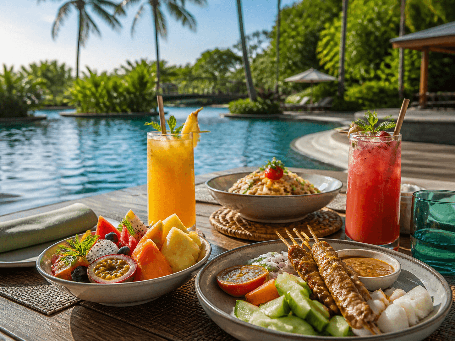 Tropical drinks and light bites beside the resort pool