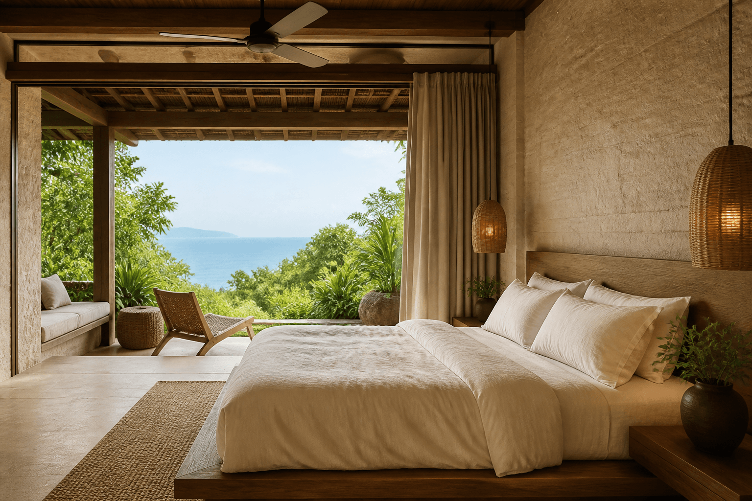Tropical villa bedroom open toward the sea