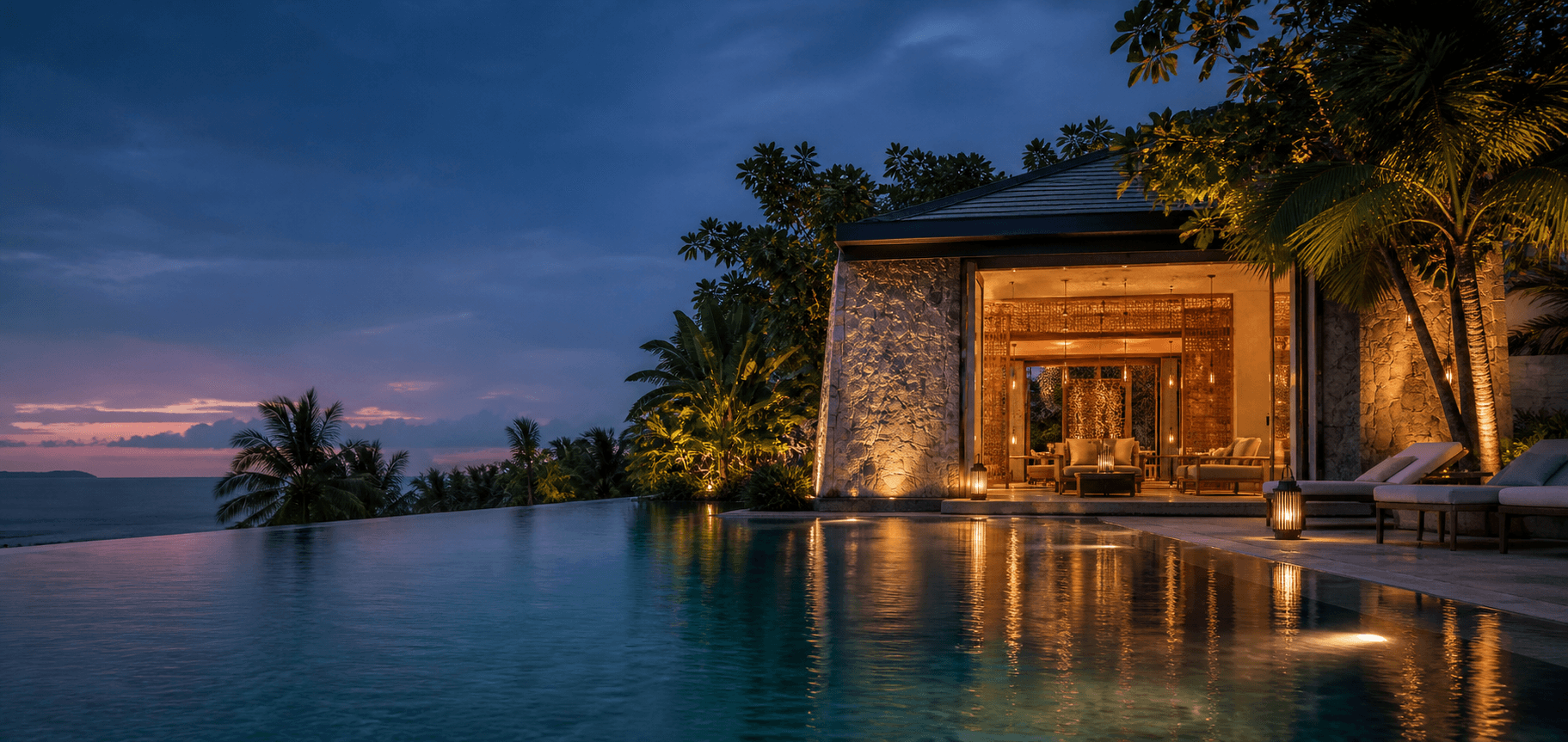 Infinity pool and tropical resort pavilion at blue hour