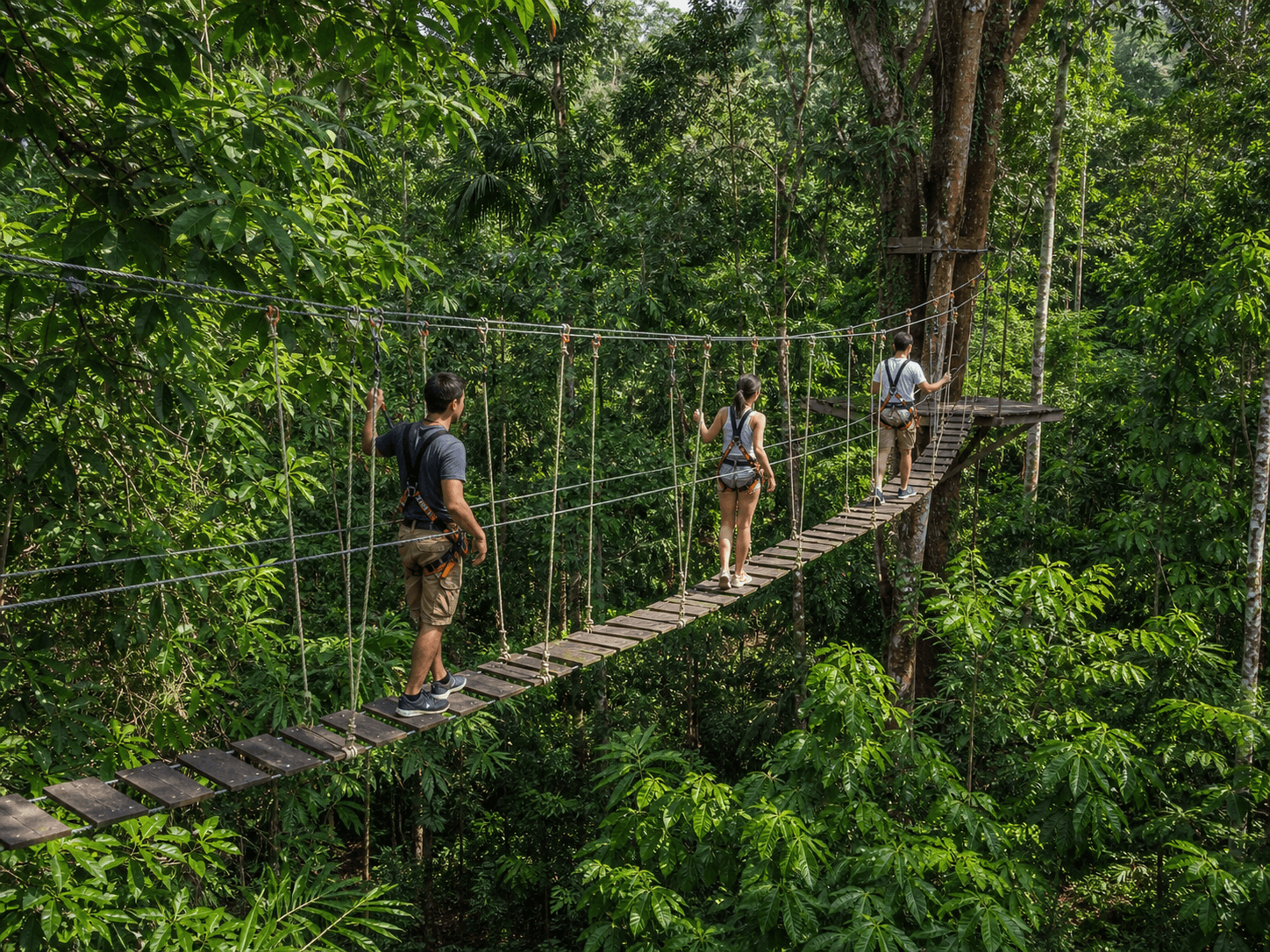 Travellers crossing a rainforest rope bridge