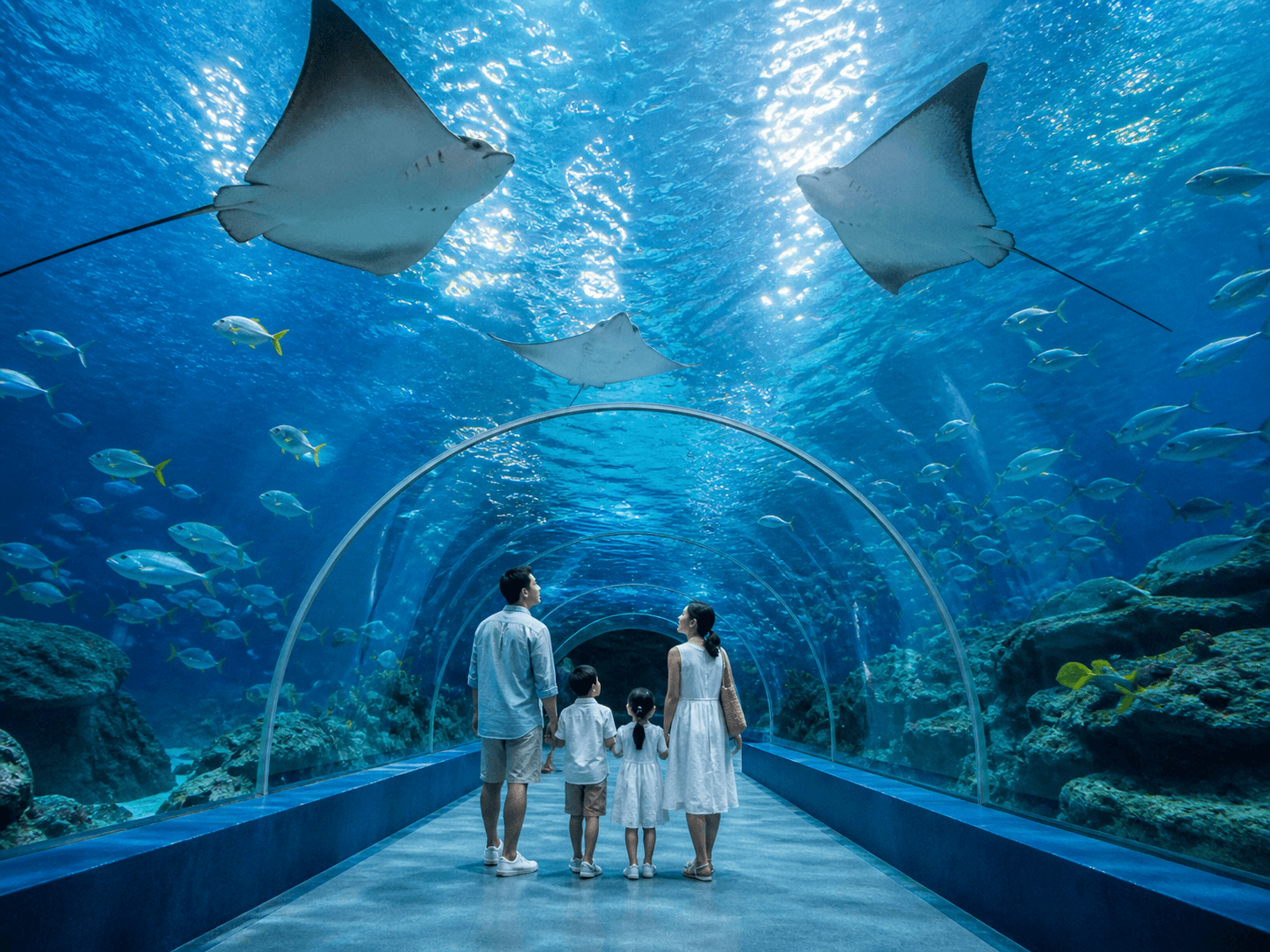 Family looking through an aquarium tunnel