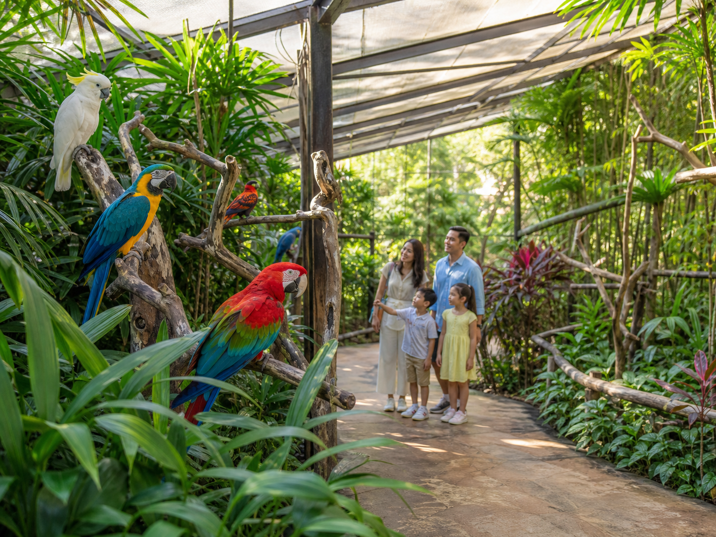 Family watching colourful birds in a tropical wildlife sanctuary