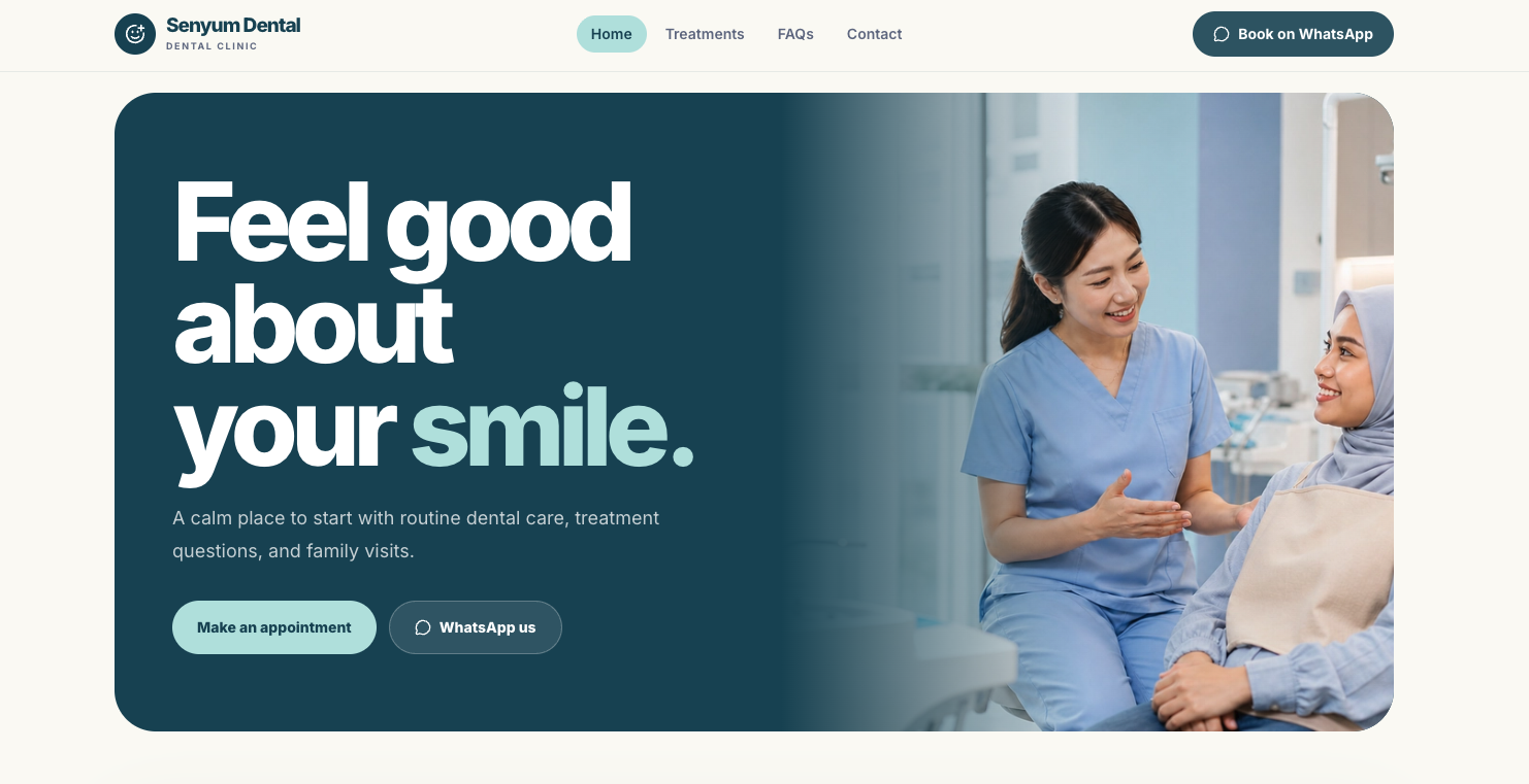 Senyum Dental website homepage showing its dental care hero section