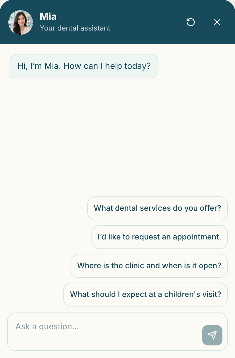 Senyum Dental AI assistant chat welcome screen with suggested prompts about services, appointments, clinic details and children’s visits.
