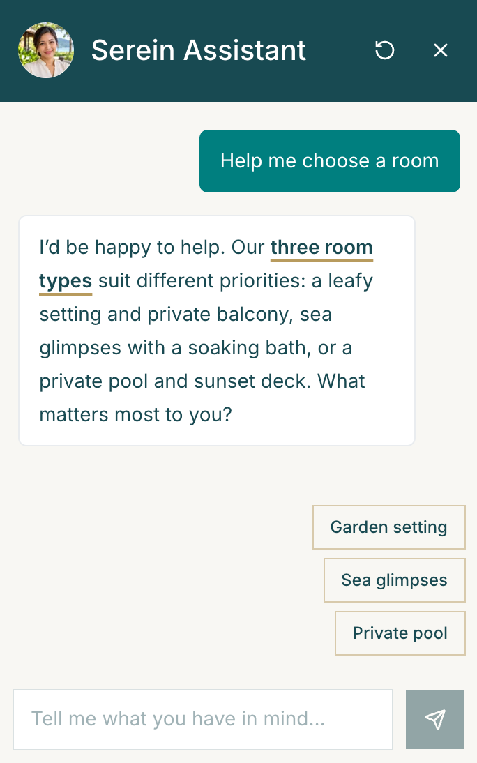 After the guest asks for help choosing a room, Serein Assistant offers three room types and asks whether a garden setting, sea glimpses, or a private pool matters most.